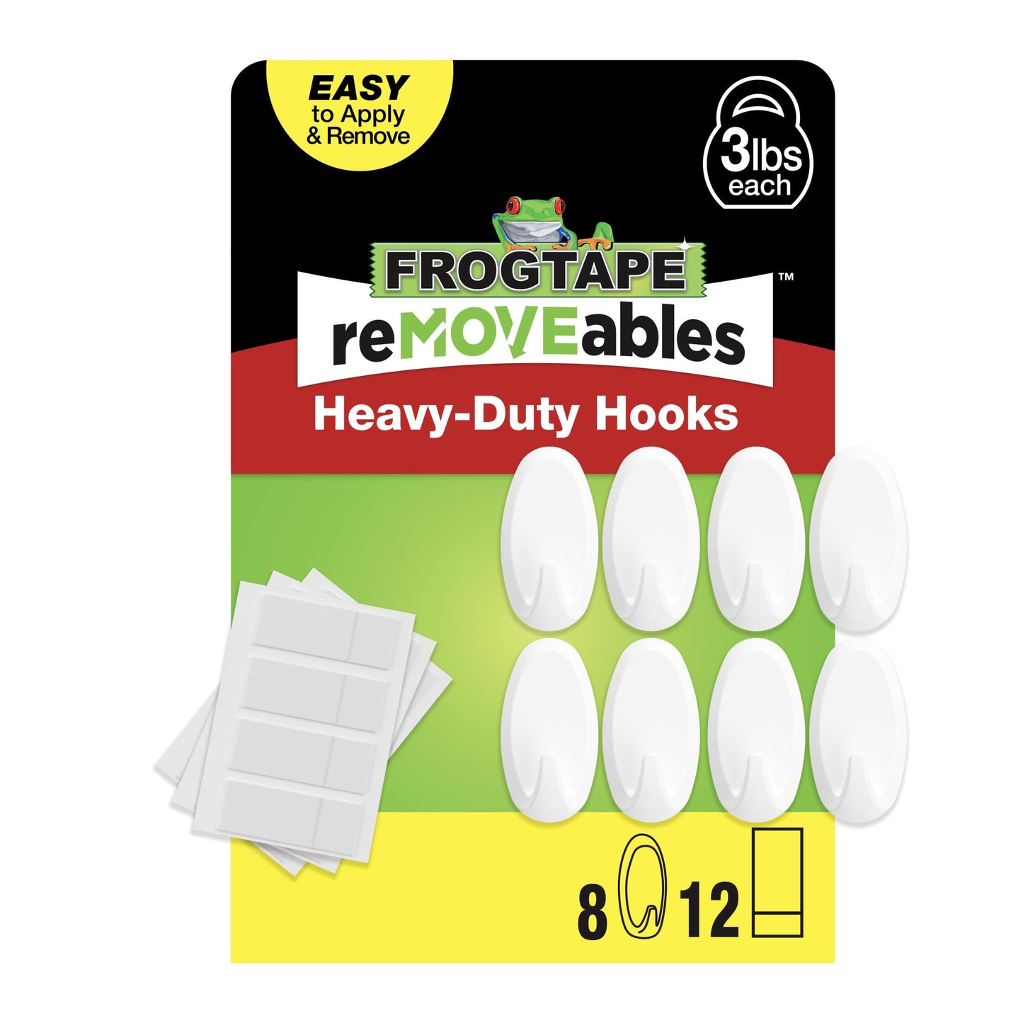 FrogTape reMOVEables Heavy Duty Wall Hooks - 8 Hooks and 12 Strips - Holds up to 3 lbs - No Damage - Easy to Remove & Reuse - Medium Wall Hook with Adhesive Strips - White (Pack of 8)