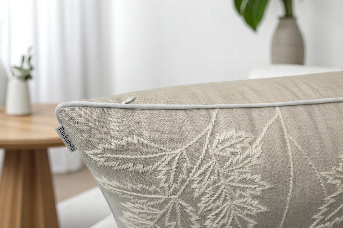 Rudransha Hand Embroidered Wildflower Throw Pillow Cover - 20x20 Inch Natural Linen - Blooming