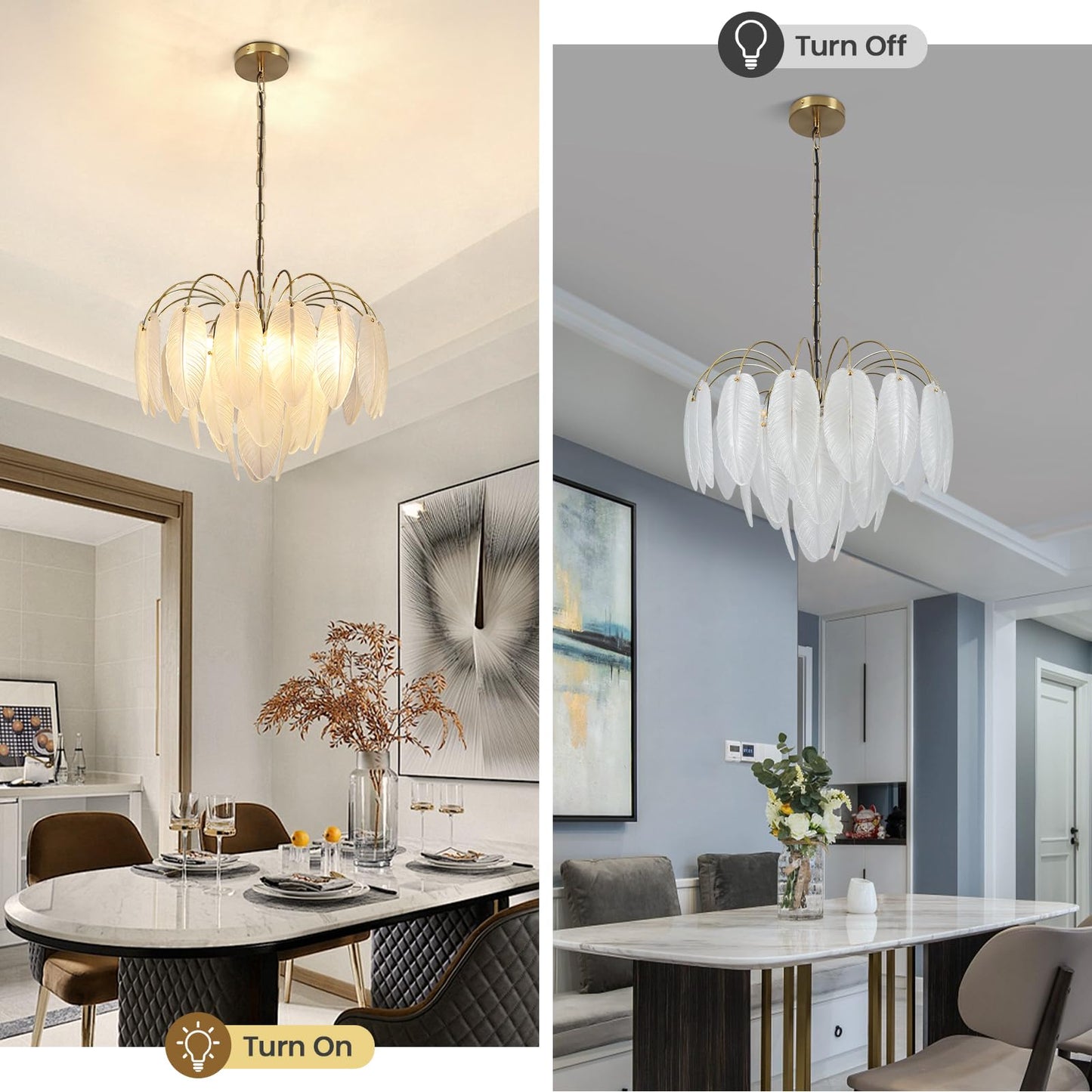KELUOLY Modern Gold Chandelier, 19.29" Creativity Feather Glass Pendant Ceiling Light Fixtures 6-Light Round Chandelier Luxury 3 Tiers Hanging Chandelier for Dining Room Foyer Living Room Bedroom