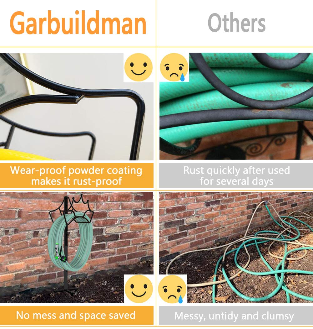 Garbuildman Freestanding Garden Hose Stand Holder - Metal Water Pipe Reel Rack for Outdoor, Shiny Black