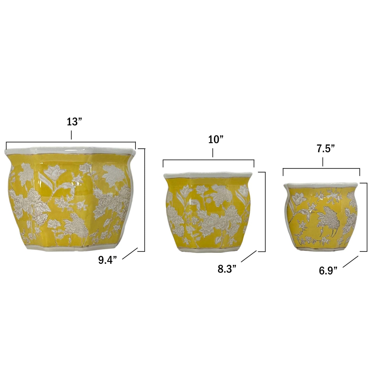 Galt International Yellow & White Round Fluted Floral Porcelain Ceramic Plant Flower Planter Pot Set of 3 (7.5", 10", 13") Garden Pots Chinese Asian Design