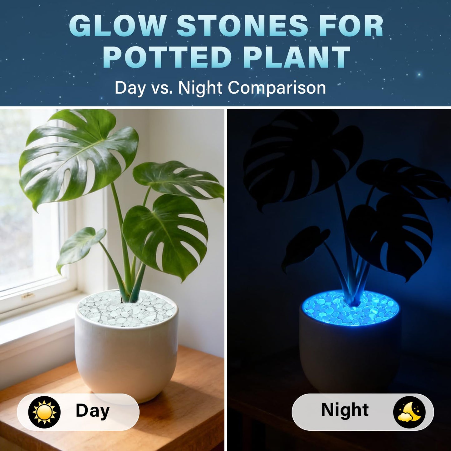 PoYang 1000pcs Glow in The Dark Rocks Outdoor - White Resin Glowing Pebbles for Landscaping, Garden, Fish Tank and Aquarium Indoor Decor, Powered by Sunlight or Lamplight (0.4"-0.7"/pc, 1.2lbs/Bag)