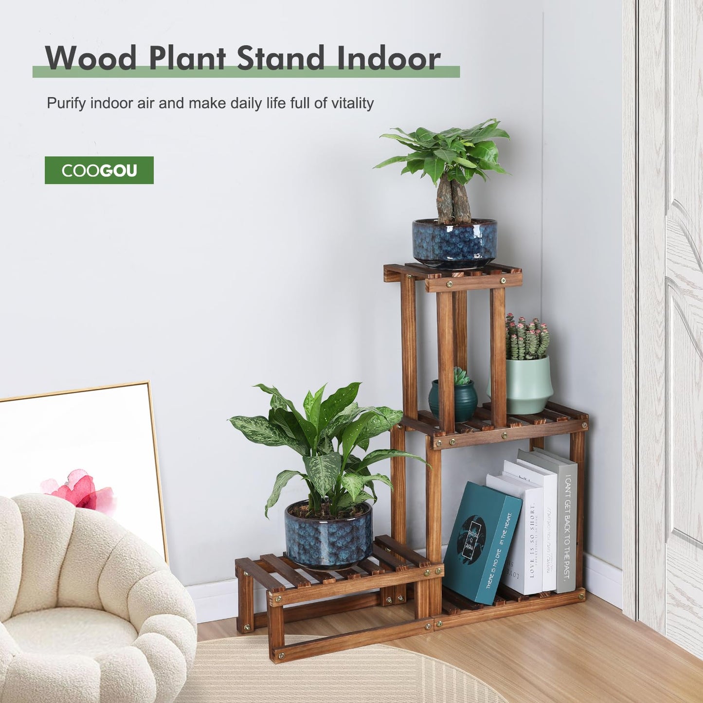COOGOU Wood Plant Stand Indoor Outdoor 4 Tiers Plant Rack Corner Planter Shelf Flower Pot Holder for Living Room Garden Patio Yard Porch (Space Saving,27.6”,Small)