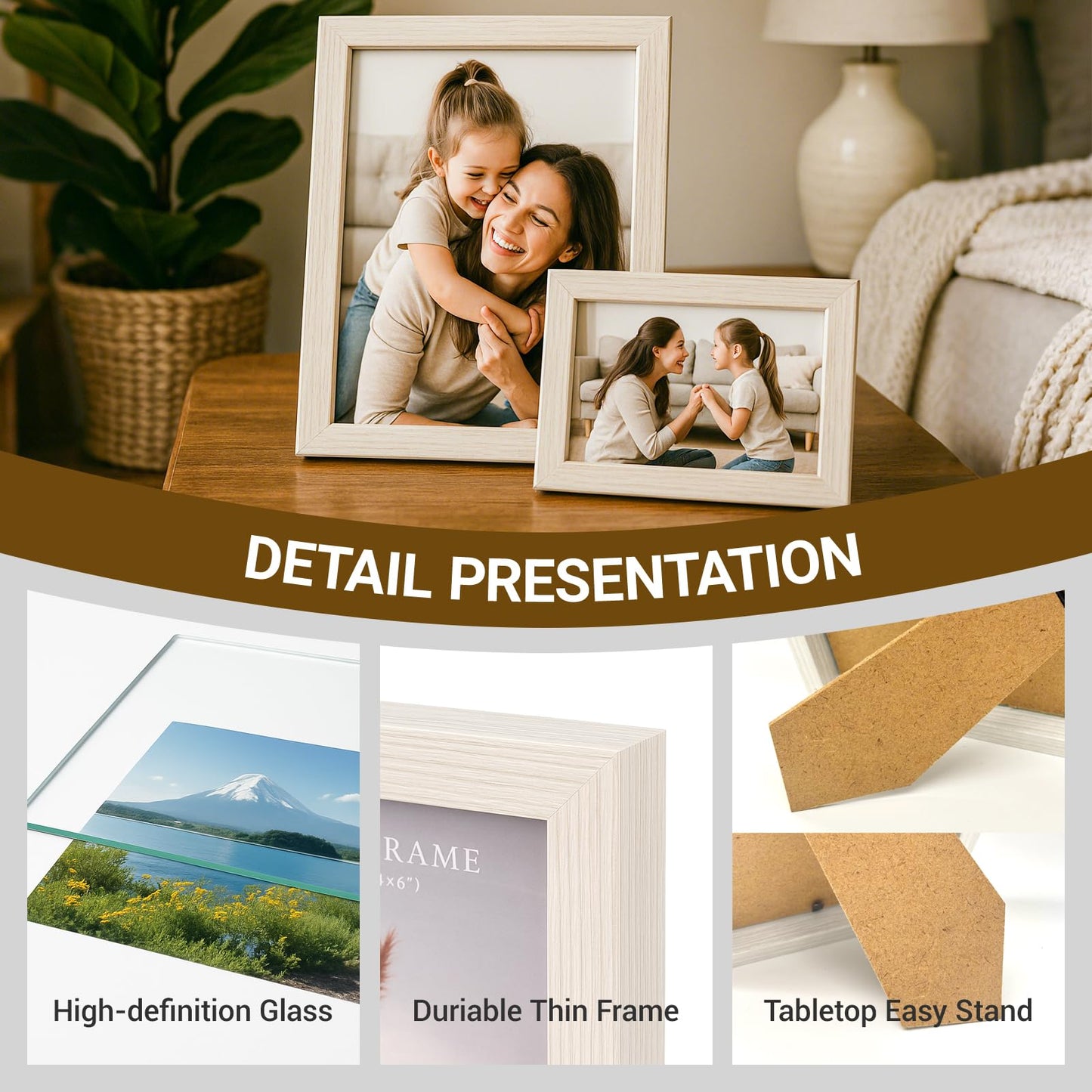 Display 5x7 Picture Frame Set of 2, 5 x 7 Photo Frames with High Definition Real Glass, Horizontal/Vertical Tabletop Display, White 2 Pack