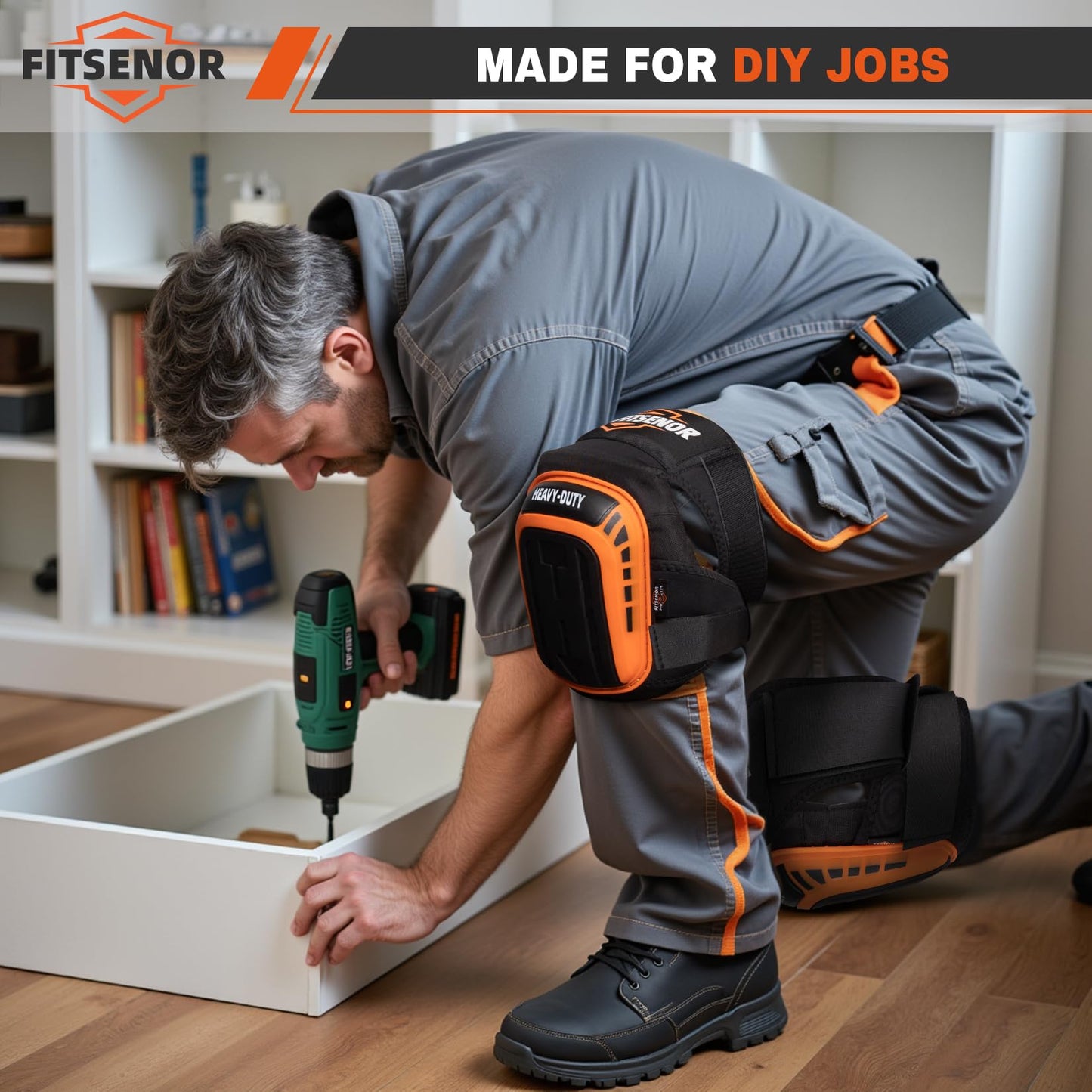 FITSENOR Knee Pads for Men Construction, Tactical Professional Knee Pads for Work, Protection, for Roofing, Gardening, Flooring, Cleaning, Construction Tools, Orange