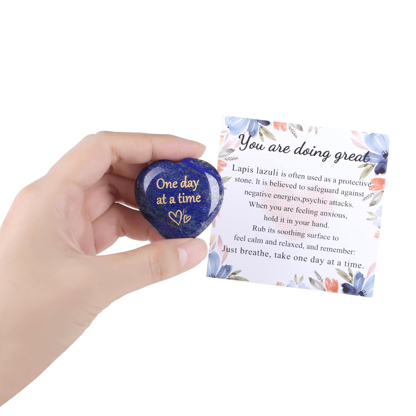 QINJIEJIE One Day at A Time Lapis Lazuli Heart Stones Crystals Thumb Worry Stone Thinking of You Gifts for Anxiety Relief Items You Got This Inspirational for Friend Sobriety Gifts for Men
