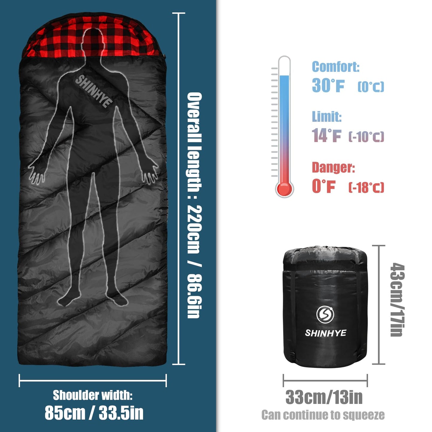 ShinHye 0 Degree Sleeping Bag for Adults - Cotton Flannel 4 Season Cold Weather Winter, XXL Big and Tall Camping Sleeping Bag with Compression Sack (Black1, 90"×35" Right Zip)