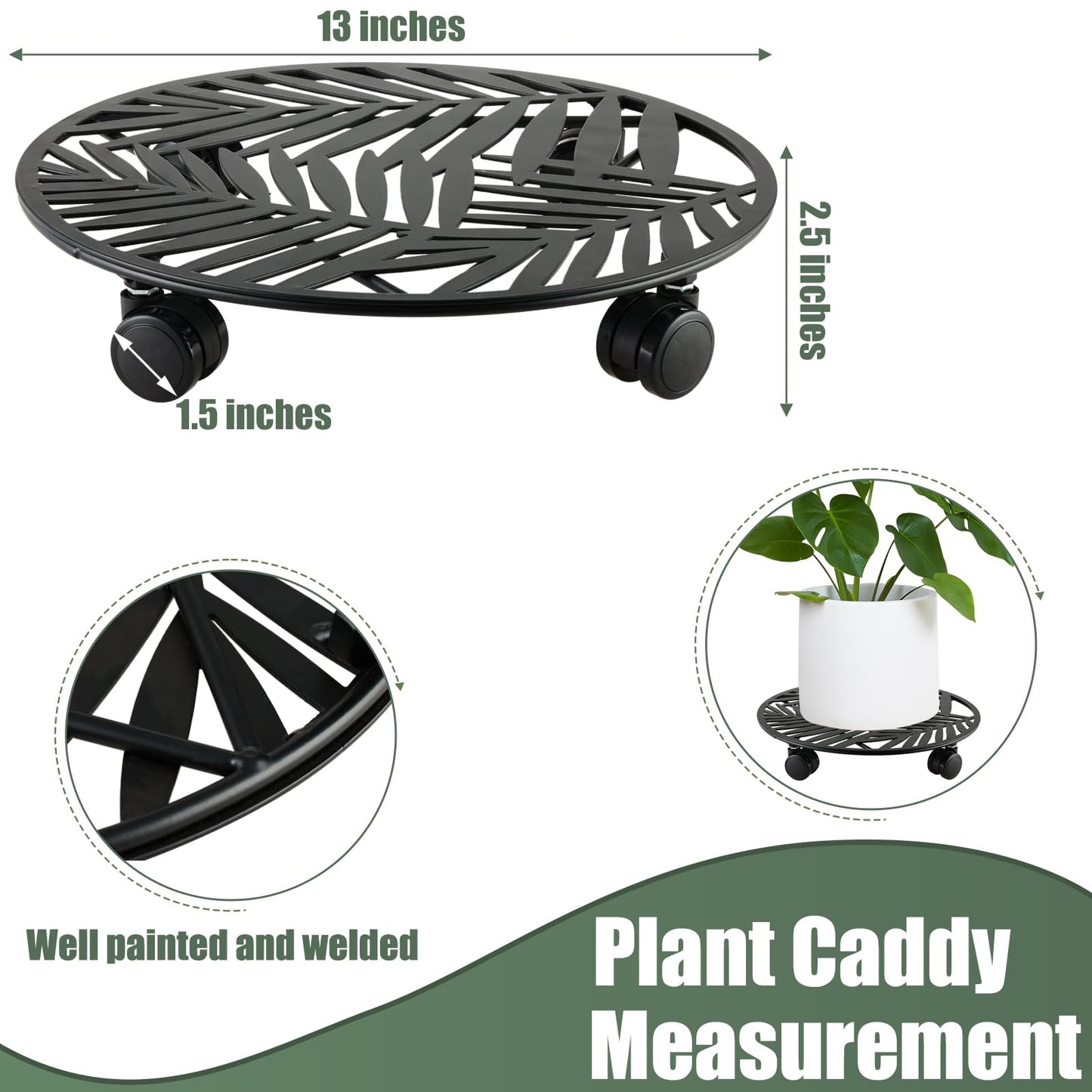 3 Packs Large Metal Plant Caddy with Wheels 13" Rolling Plant Stands Heavy-duty Wrought Iron Roller Planter Movers Indoor Outdoor Wheeled Plant Dolly with Casters Tray Coaster, Slender leaves