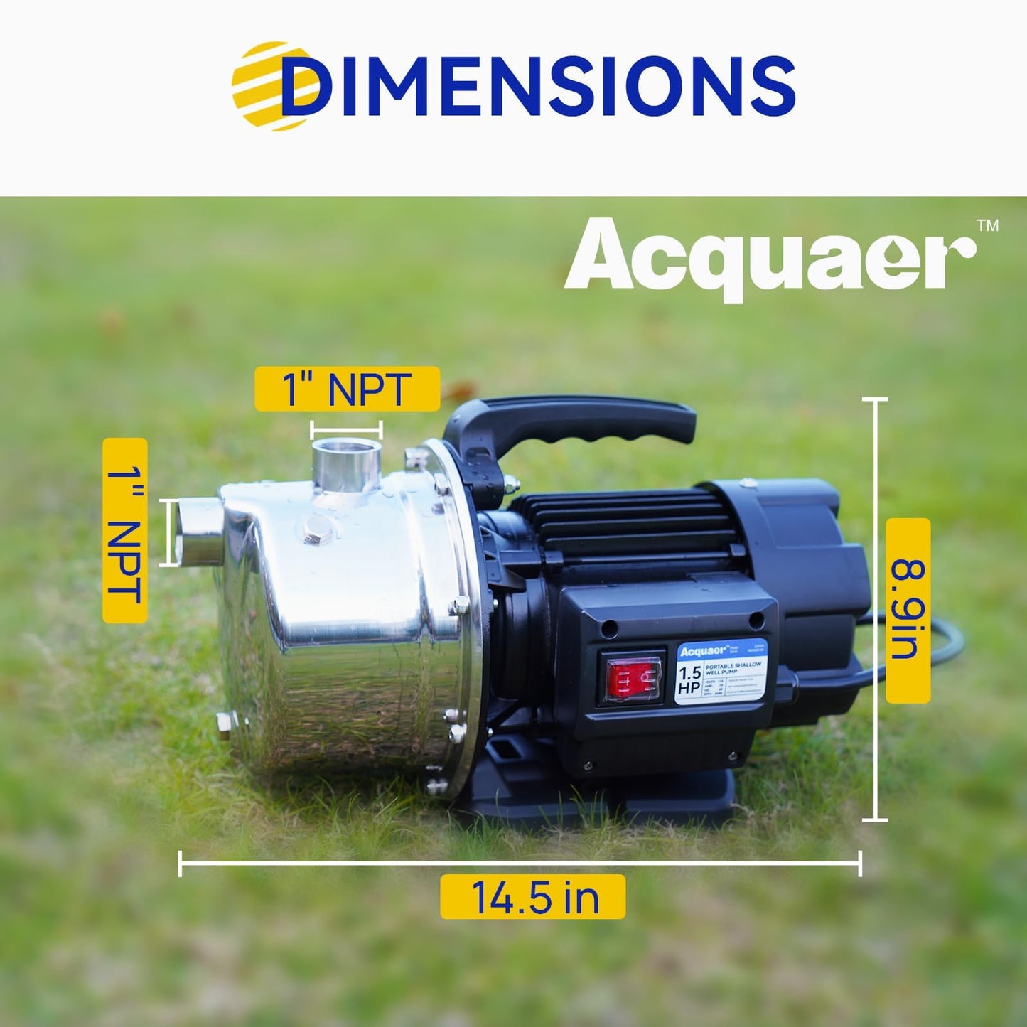 Acquaer 115V Shallow Well Garden Pump, Stainless Steel, Sprinkler Water Transfer Draining Irrigation Pump 1210 GPH, for Water Removal Lawn Garden,1.5 HP Portable