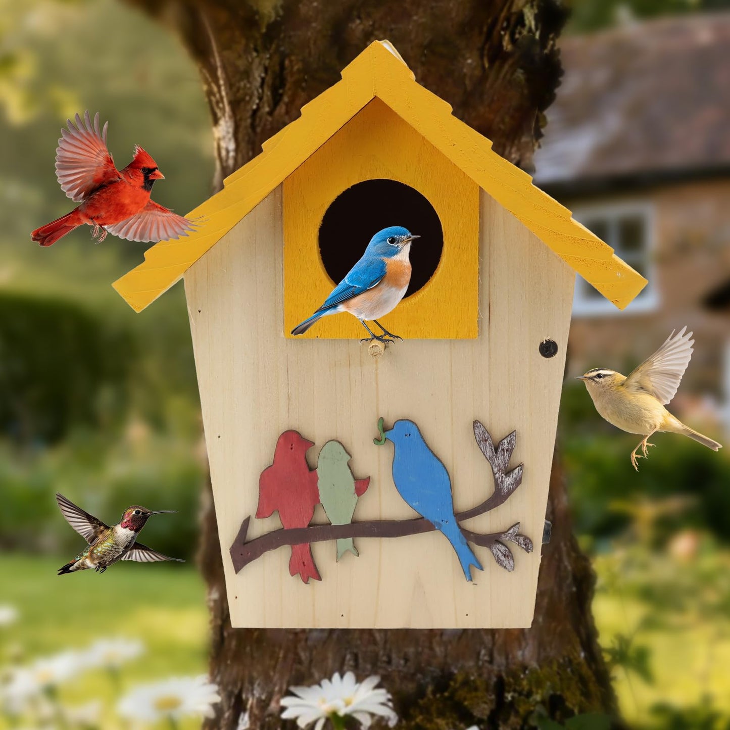 Wooden Bird Houses Bird House for Outside,Yellow Wood Bird House for Outdoors, 1.5" Entrance Hole Bird Houses for Garden Blue Bird Hummingbird Wren Cardinal Swallow Sparrow Finch