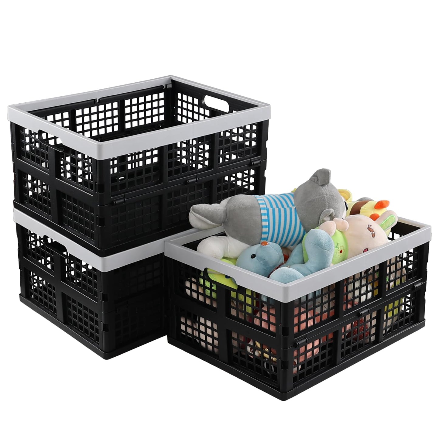 Afromy 3 Packs 30L Plastic Rectangular Collapsible Basket, Folding Crates Storage, Utility Folding Milk Crates