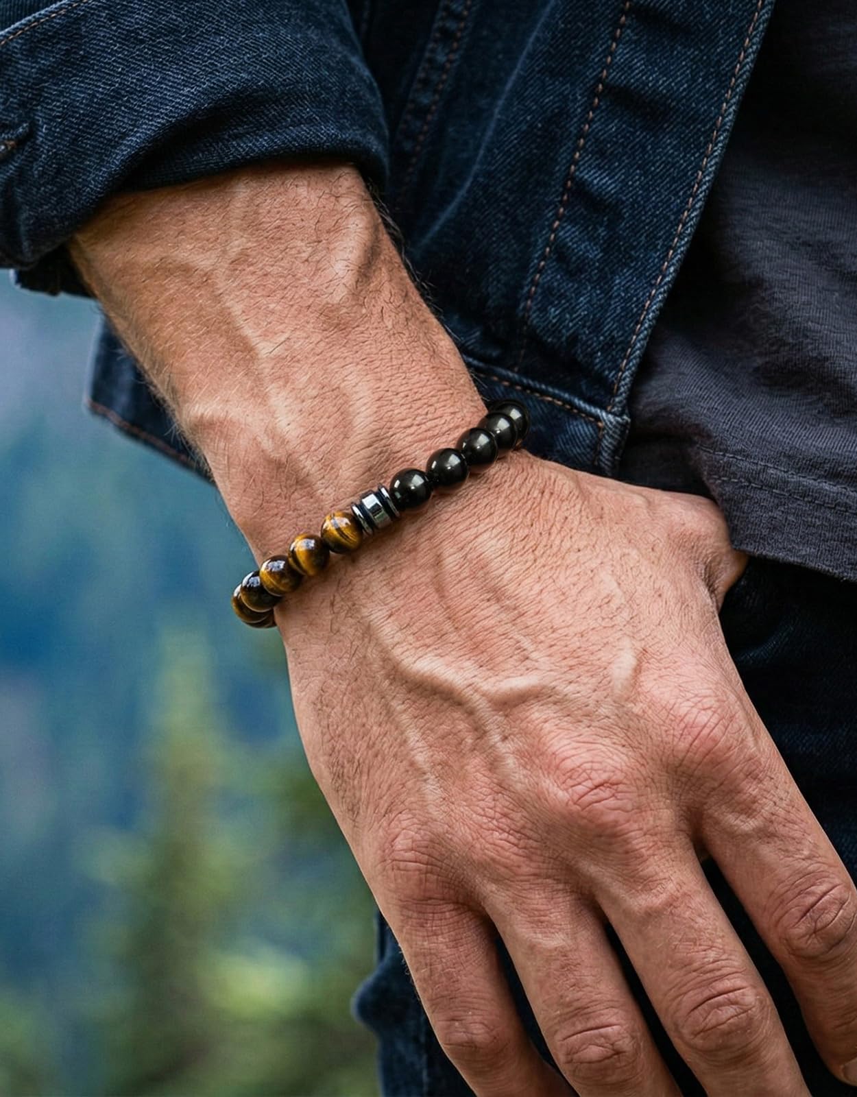 Landorilo Gifts for Men, 8mm Natural Stone Beaded Bracelets, Black Tourmaline & Tiger Eye Healing Bracelet, Handmade Mens Jewelry Gift for Him, Husband, Son, Father, Friend(Happy Birthday-7.5in)
