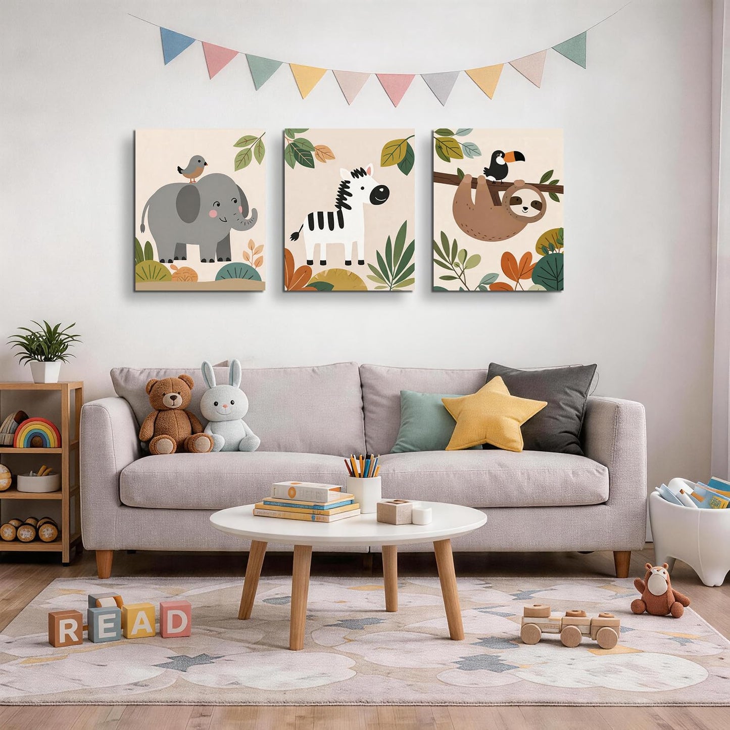 TYPTEK Nursery Wall Art Decor Set of 3,Boho Jungle Animals Whimsical & Educational Canvas Prints for Kids Room Playroom Baby Bedroom, Framed Ready to Hang,16x12 Inch