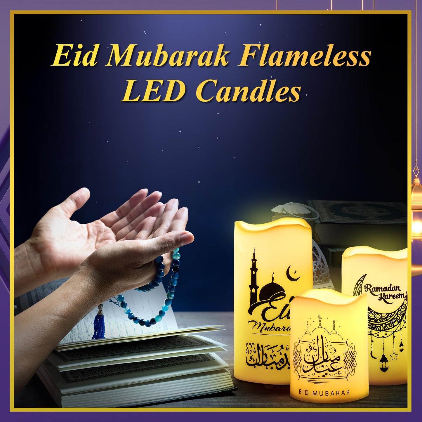 Tujoe 3 Pcs Eid Mubarak Flickering Flameless Candles Ramadan Decor Eid Mubarak LED Battery Operated Candles Candle Lights for Muslim Eid Ramadan Decor for Home(Moon)