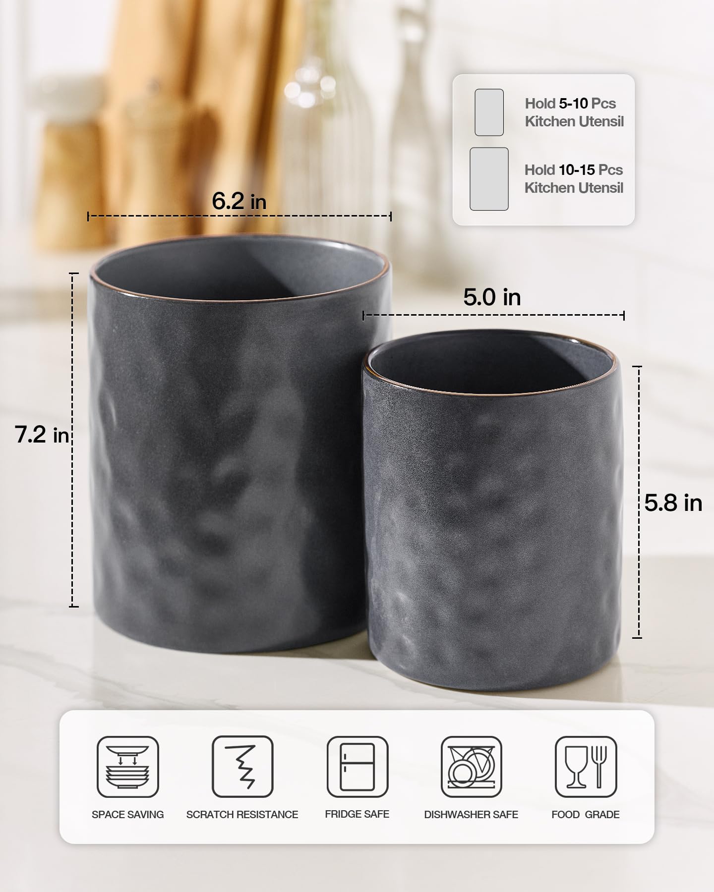 famiware Ocean Utensil Holder, 7.2"+5.8" Ceramic Kitchen Utensil Holder for Countertop, 2 Pieces Cooking Utensil Crocks, Utensil Organizer for Spatula & Spoon, Kitchen, Set of 2, Matte Dark Charcoal