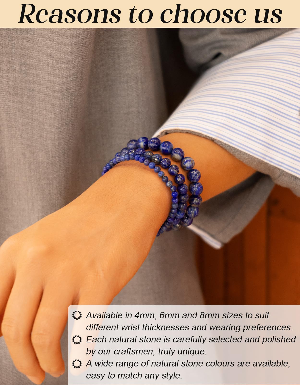 Landorilo Beaded Bracelet for Men Women, 4mm Natural Stone Lapis Lazuli Healing Crystal Stretch Bracelets, Ideal Christmas Birthday Jewelry Gifts with Energy Card，Replacement Beads Included