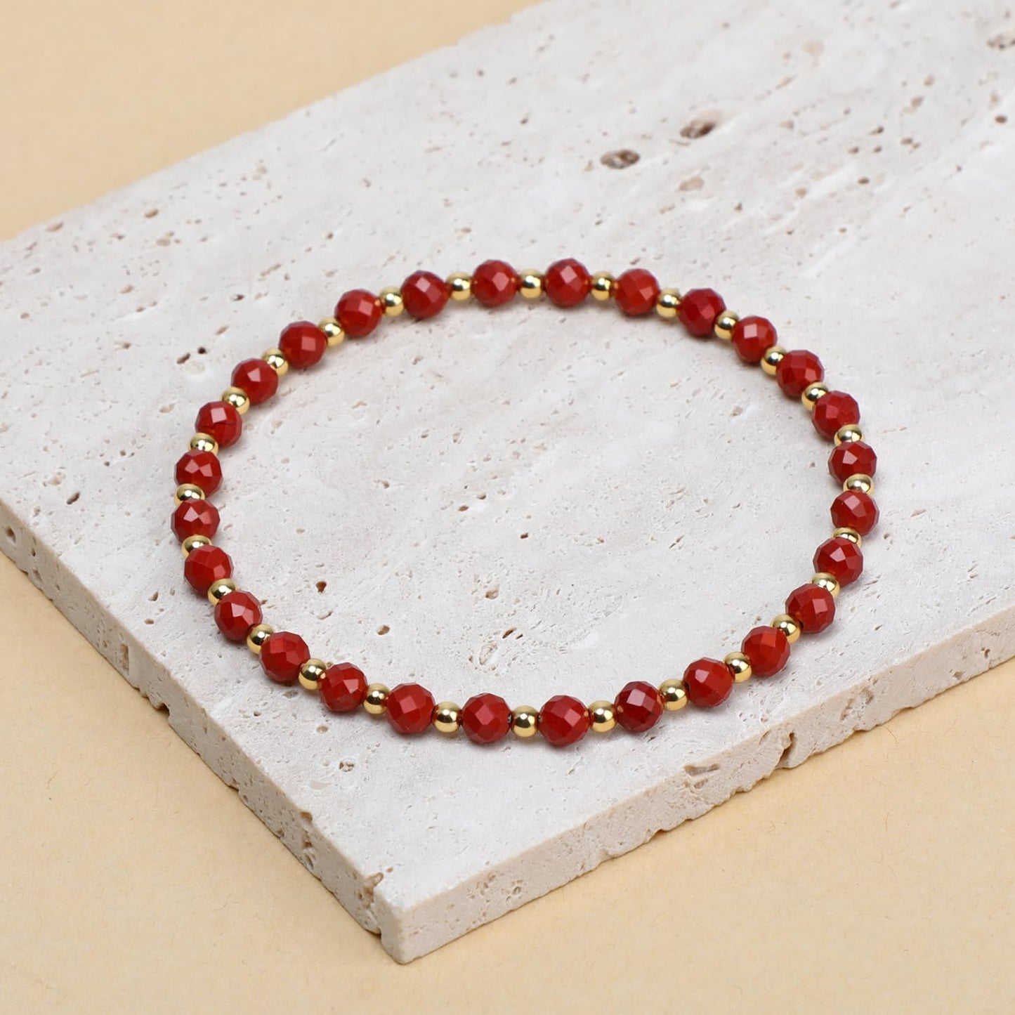QOGIR Red Jasper - Zen Stone - 14K Gold Plated Beads Natural Gemstone Stretch Elastic Dainty Healing Beaded Bracelets Gifts 4mm