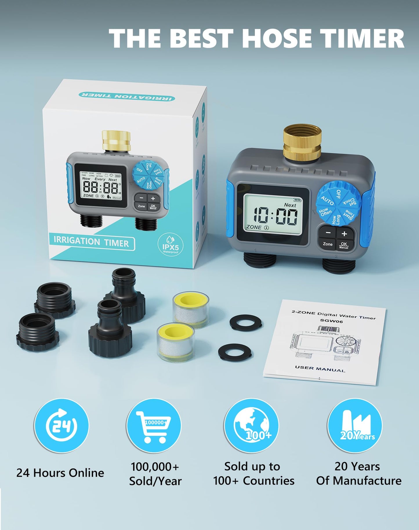 Grillum Sprinkler Timer with Brass Swivel, 2 Zone Hose Timers for Watering, Digital Irrigation Timer with Rain Delay & Manual Mode, Automatic Watering System for Outdoor Garden Lawn Yard