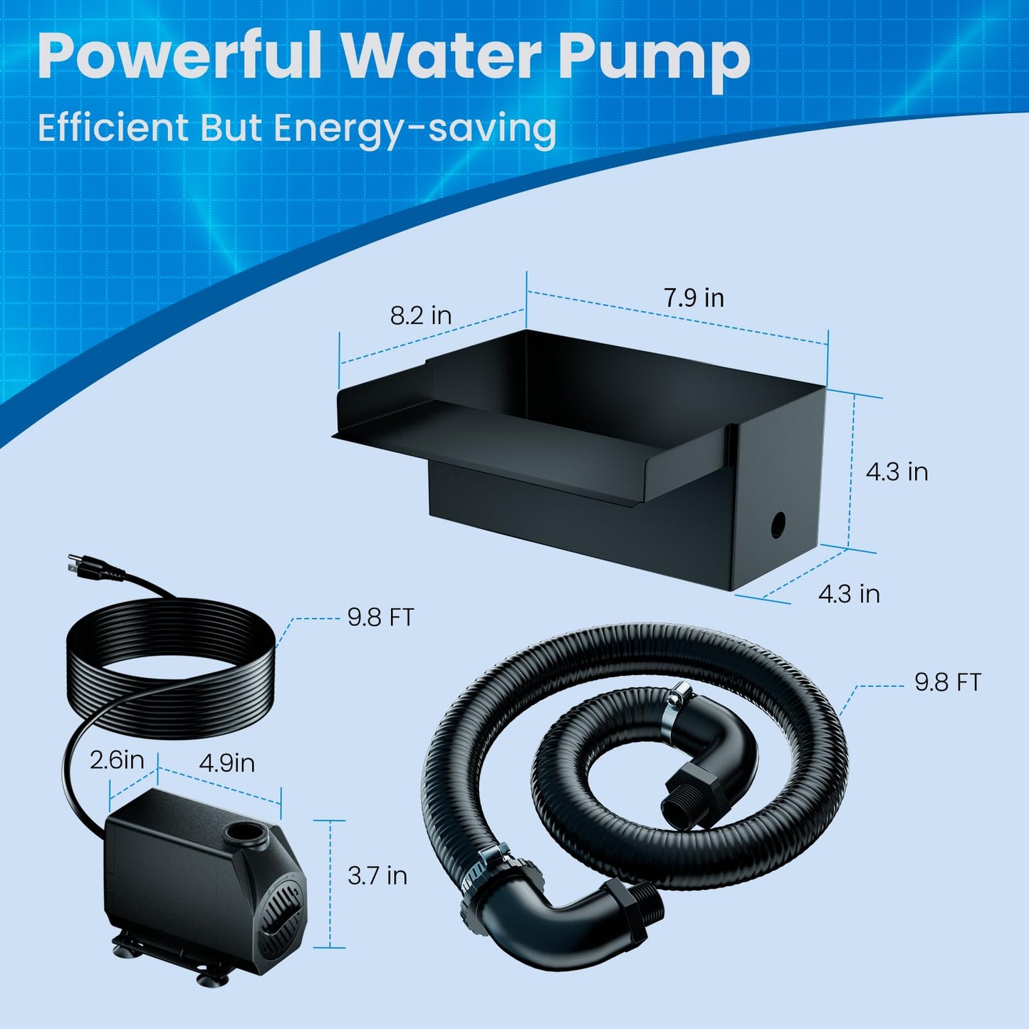 Biling 8 Inch Pond Waterfall Spillway Kit, 304 Stainless Steel Waterfall Box, 40W 660GPH Submersible Pump, 9.8FT Corrugated Tubing & Fittings, Adjustable Flow for Mini Pond & Patio Water Features