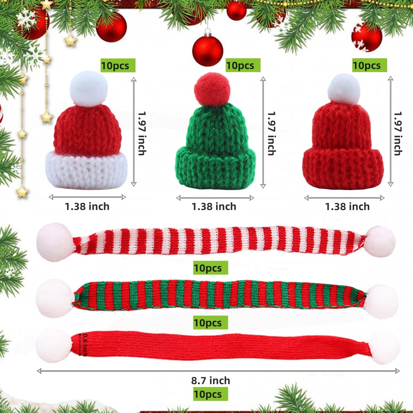 YGbridge Mini Santa Hats and Christmas Scarf Set, 60Pcs Mini Hats for Crafts, Christmas Decorations for Tree Ornaments, DIY Arts and Crafts, Snowman Doll Decor (60PCS)