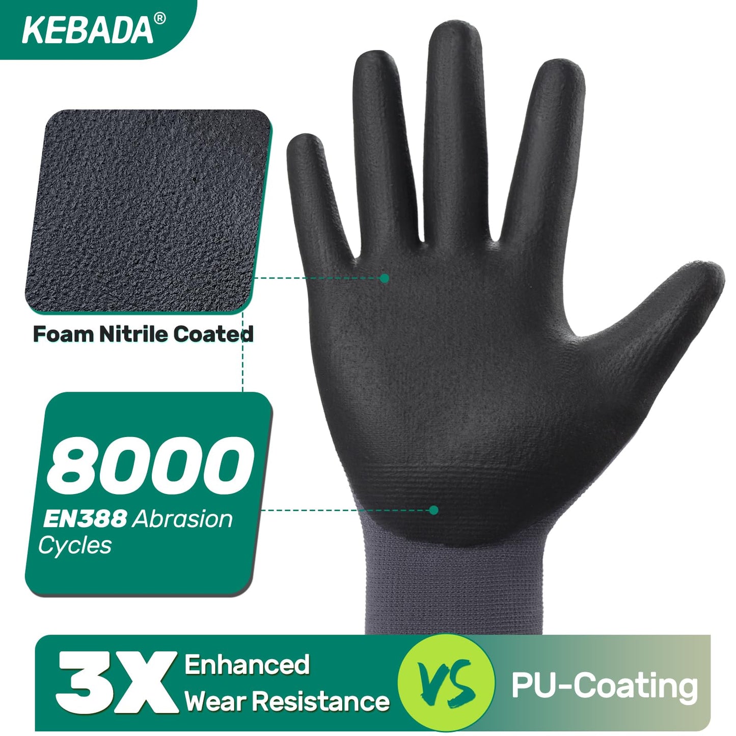 Kebada W5-12 Pairs Safety Work Gloves Foam Nitrile Coated, Seamless Knit Nylon Glove with Grip, Ideal for Mechanic, Warehouse, Construction & Gardening, Large