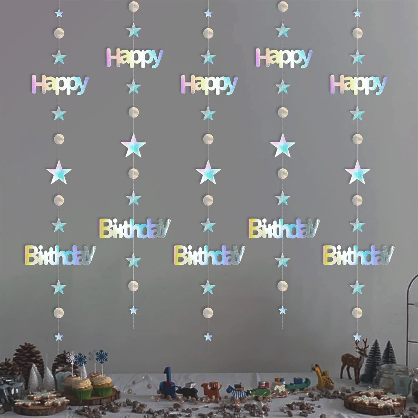 Leekryeton Happy Birthday Banner, Birthday Decorations for Women & Girls, Iridescent Holographic Star Circle Dot Garland Sign, Hanging Streamers Party Decor with Aurora Rainbow Effects