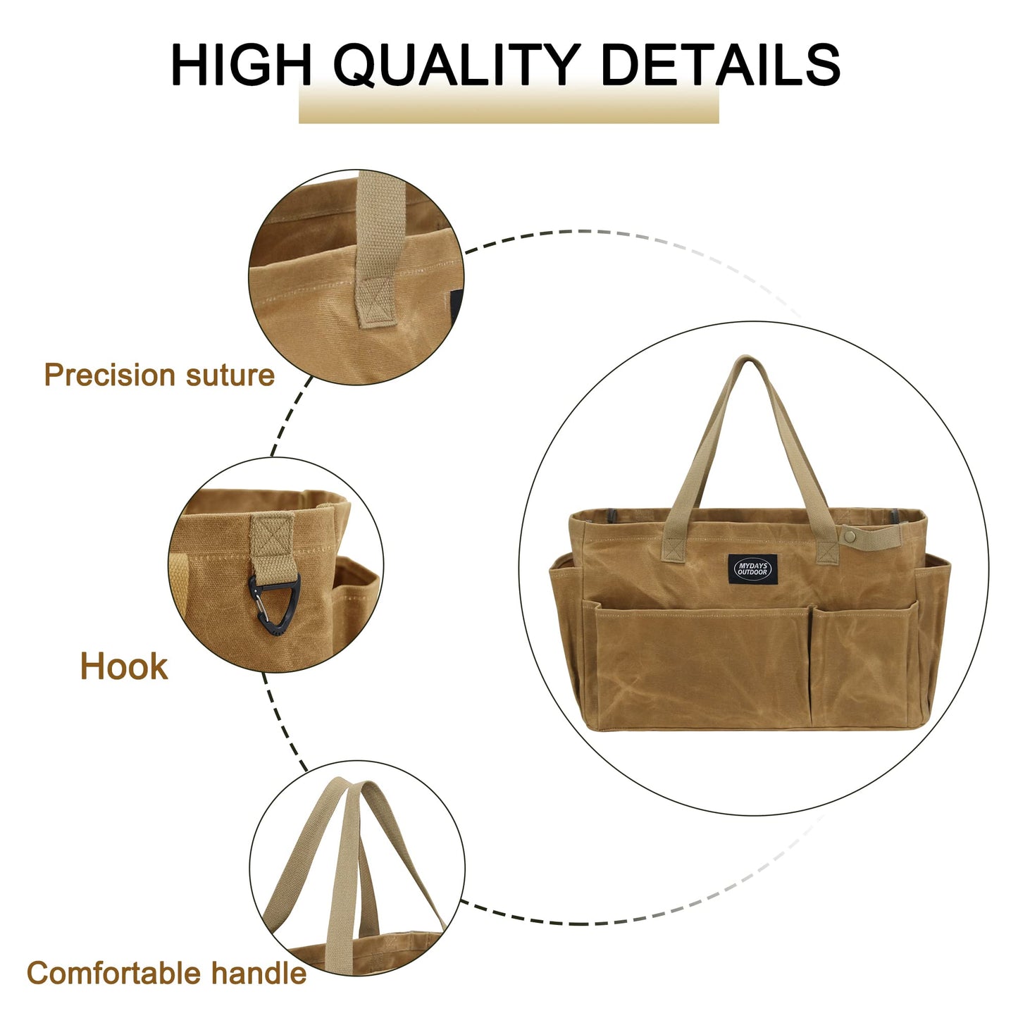 MYDAYS OUTDOOR Portable Garden Camping Tool Storage Bag,Waxed Canvas Firewood Carrier Tote bag,Collapsible Sturdy Garden Basket Great for Women, Gardener, Electrician, Repairer (Khaki)
