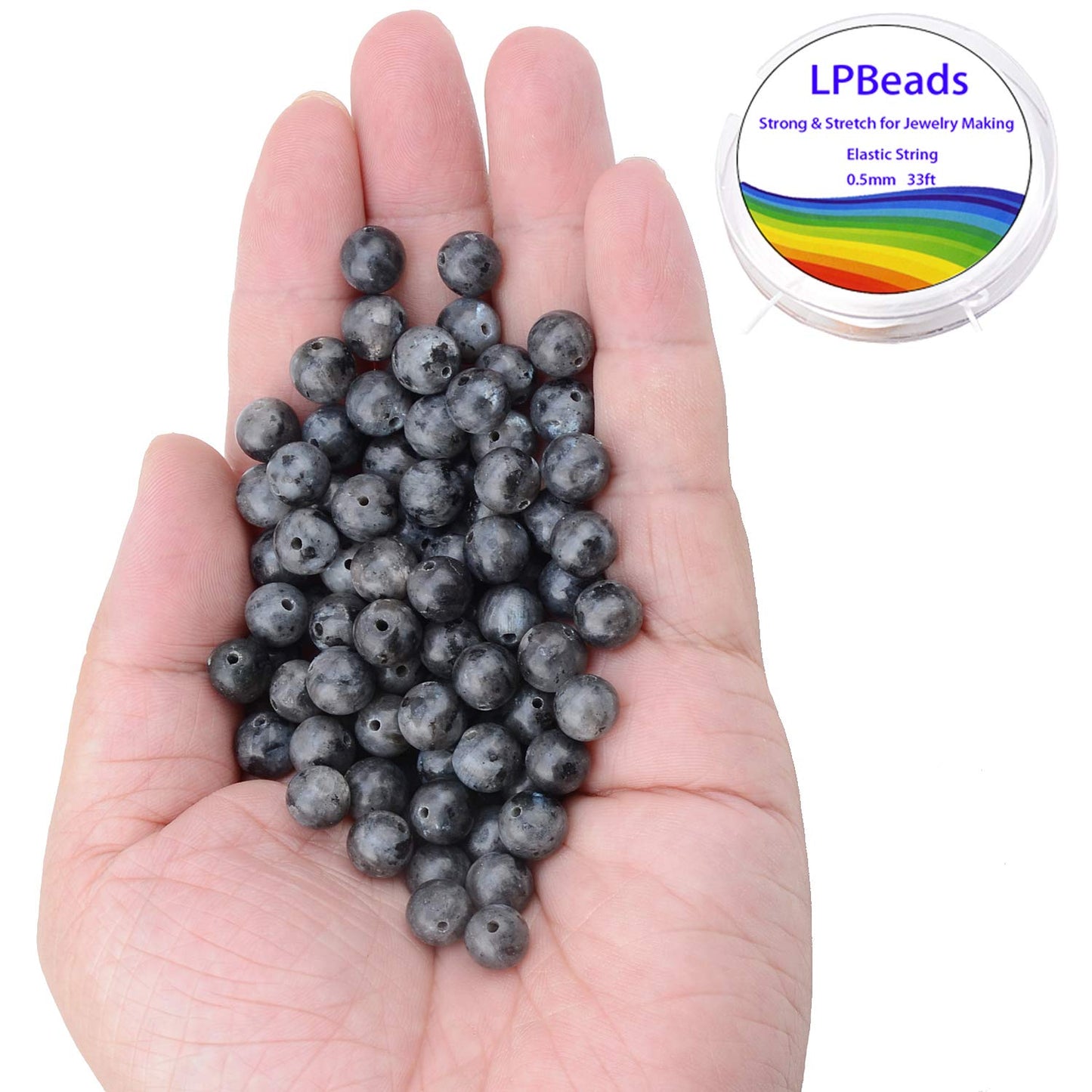 LPBeads 100PCS 8mm Natural Black Larvikite Beads Gemstone Round Loose Beads for Jewelry Making with Crystal Stretch Cord