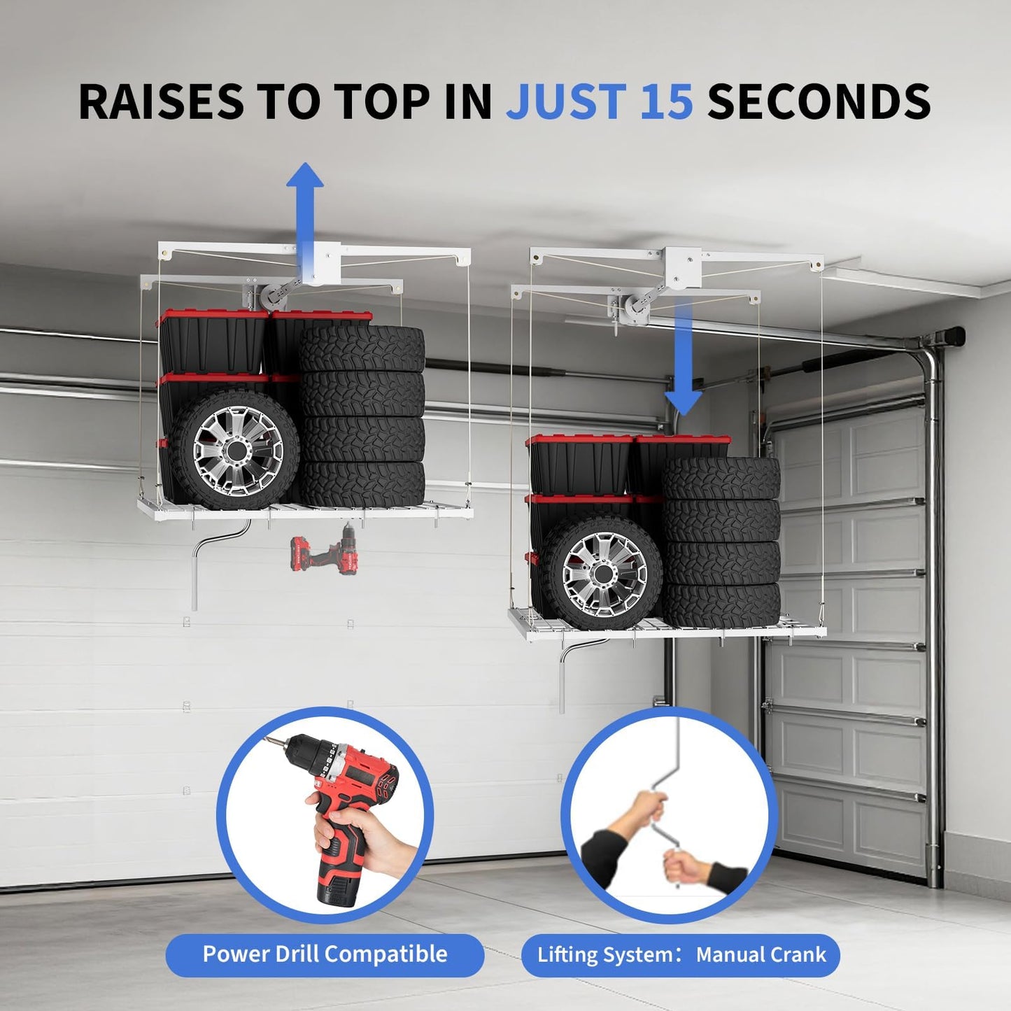 Patikuin Garage Ceiling Storage Rack,Storage Elevator for Garage,4x4 ft Overhead Lift Storage with 350 Lb Capacity,Smooth Crank System, Space-Saving Design for Garage Organization