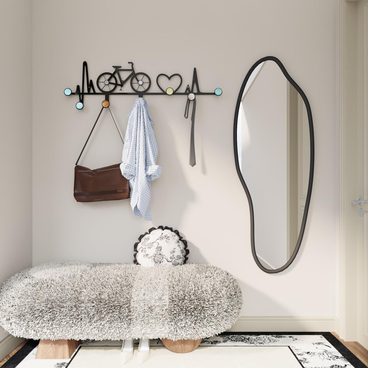 AORCUSHI 7-Hook Wall Mounted Coat Rack, Creative Note & Bicycle Design with Natural Seashell Decor, Heavy Duty Entryway Hanger for Hallway, Wall Decoration Bedroom, Includes Hardware and Adhesive