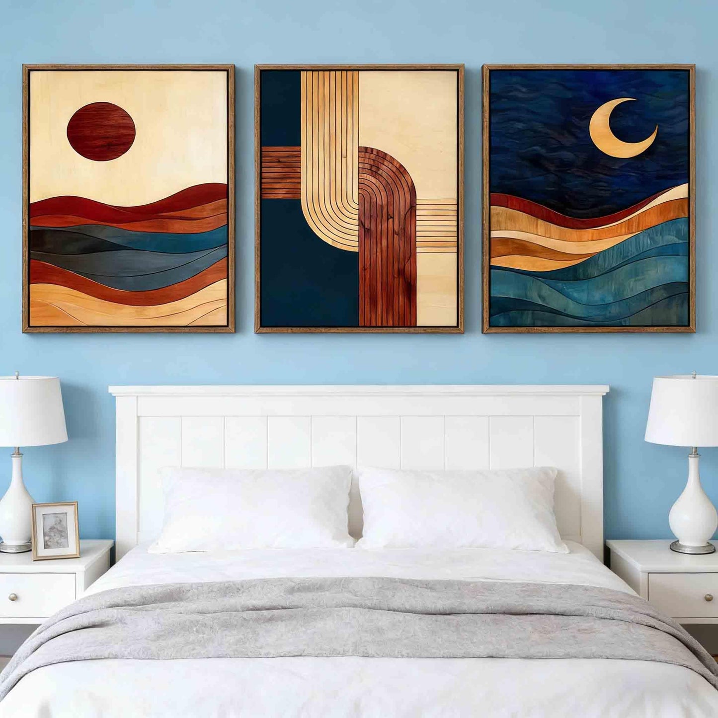 【3-Piece】 16x24 Inch Framed Sun & Moon Modern Abstract Wall Art - Boho Mid-Century Geometric Canvas Decor for Living Room