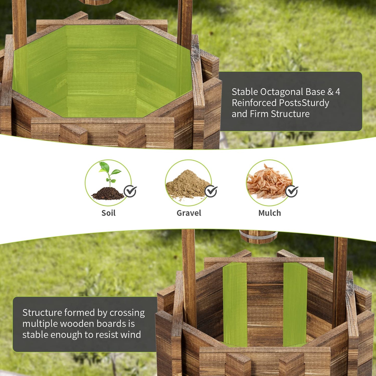 Aoxun Wooden Wishing Well Planters with Hanging Bucket, Garden Helper, Rustic Garden Decor for Outside, Yard, and Patio, Upgrade Reinforced Base, Brown