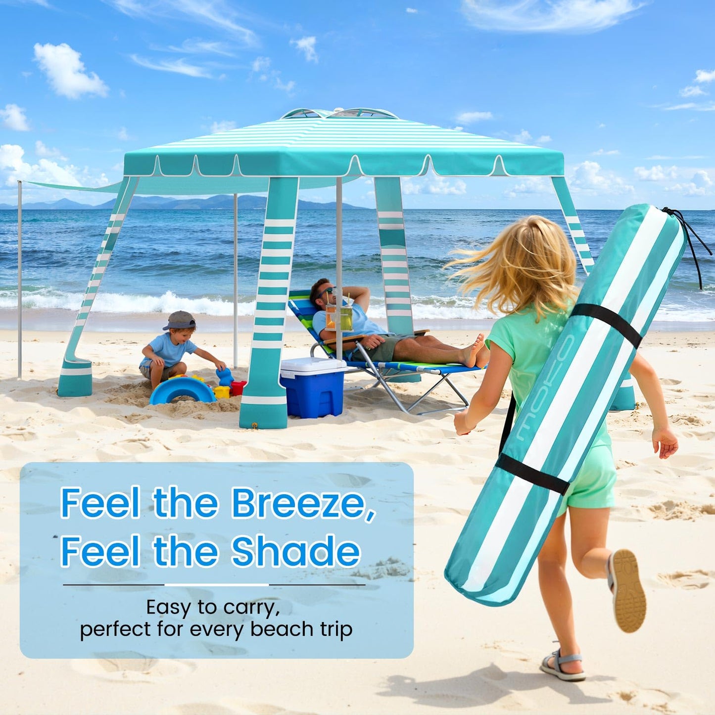 MoKo Beach Cabana,120 Sq. Ft. Large Beach Canopy Tent Sun Shade, UPF 50+ Protection Easy Setup Beach Tent, Adjustable Height Wind Resistant Cabana Sun Shelter for Whole Family, Light Green Stripes