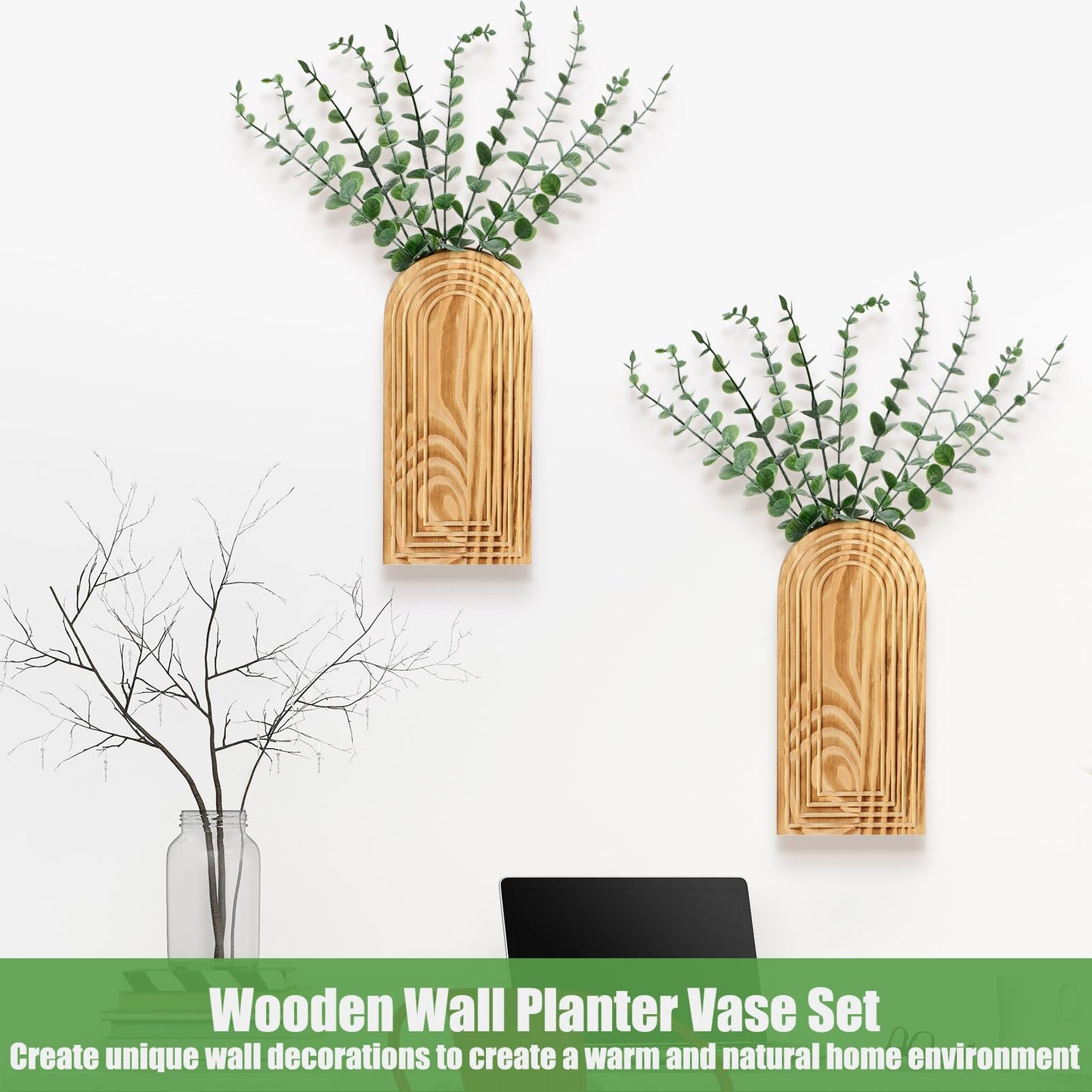 Ninehaoou 2 Pack 15" Wooden Wall Vase with 20 Pcs Artificial Eucalyptus Leaves Stems Planter, Boho Modern Farmhouse Bathroom Hanging Planter for Wedding, Hallway, Bedroom, Living Room