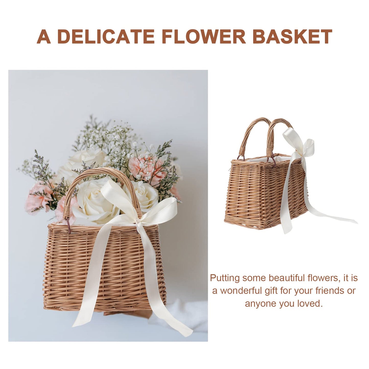 CARMELIT Flower Girl Basket Boho Style Rattan Baskets with White Ribbon for Weddings, Classic Wicker Handbag Basket Purse Baskets Bags Women Straw Tote with Handle
