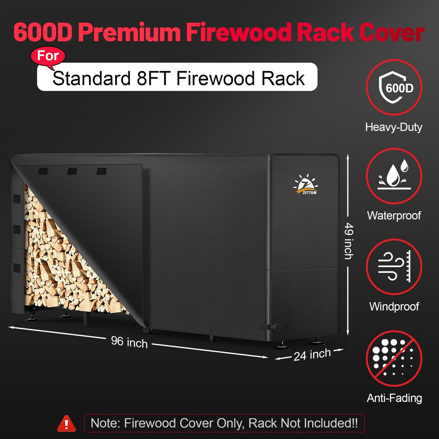 Zettum Firewood Rack Cover 8 Feet - 600D Wood Rack Cover Waterproof & Heavy Duty, 8 Foot Outdoor Log Pile Holder Covers Storage for 8FT Standard Fire Wood Rack Stands (96 x 24 x 49 Inch)