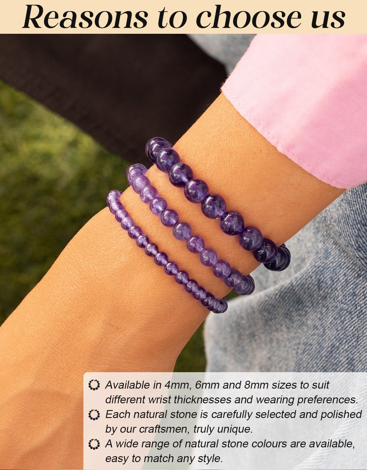 Landorilo Beaded Bracelet for Men Women, 8mm Natural Stone Amethyst Healing Crystal Stretch Bracelets, Ideal Christmas Birthday Jewelry Gifts with Energy Card，Replacement Beads Included