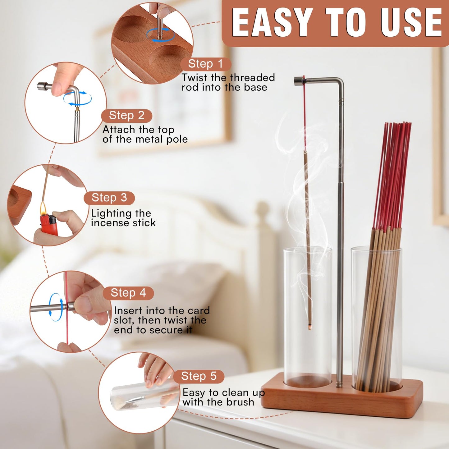 2 in 1 Incense Holder Modern Design– Adjustable Height (8.7"-13.4") with Secure Connection and, Vertical Incense Burner for Sticks & Cones, Glass Ash Catcher for Yoga Meditation Home Office Decor