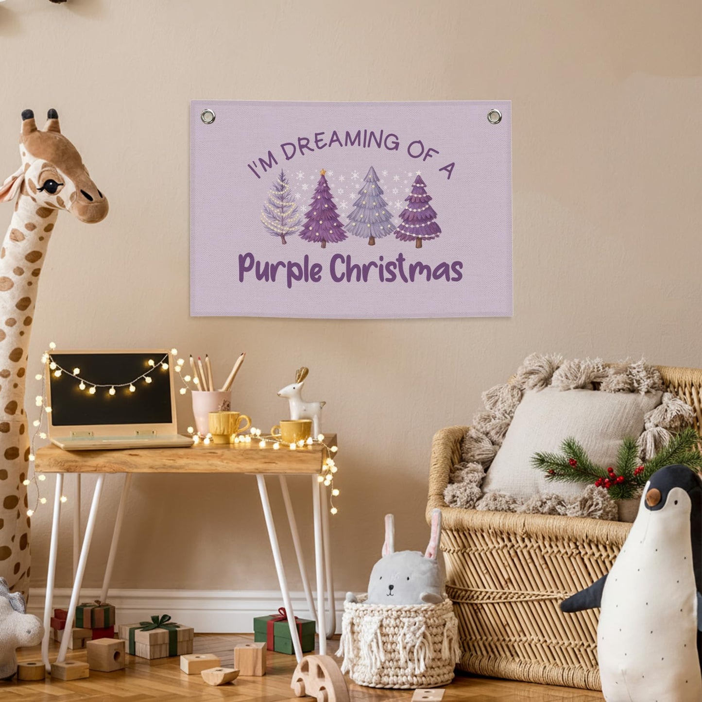 MNASAIOO Purple Christmas Tree Kids Banner, Preppy Trendy Girls Girly Room Decor, Winter Nursery Canvas Flag Wall Hanging Decor Art for Holiday Classroom Playroom Toddler Room Bedroom Dorm 20x30in