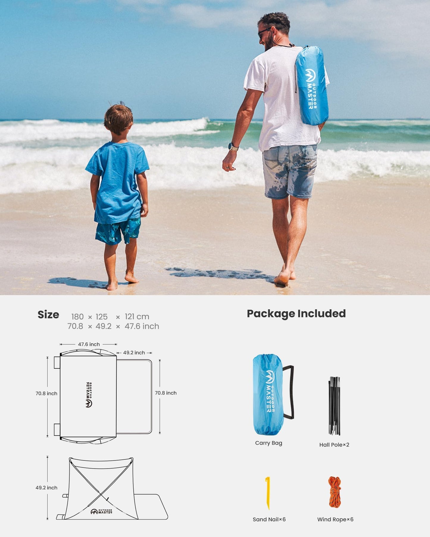 OutdoorMaster Updated Beach Tent for 3-4 Person - Easy Setup and Portable Beach Shade Sun Shelter Canopy with UPF 50+ UV Protection Removable Skylight Family Size -Sky Blue