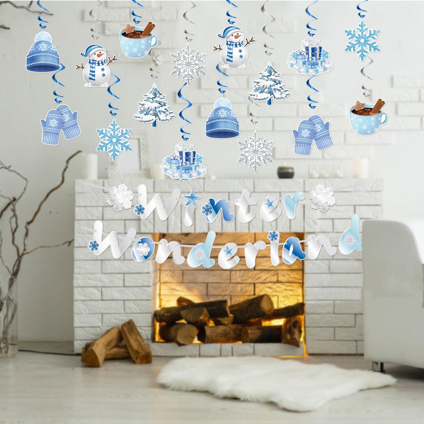 WEEPA 18 Pcs Winter Wonderland Decorations Snowman Snowflake Hanging Swirls Winter Party Banner Set Blue Silver Christmas Decorations