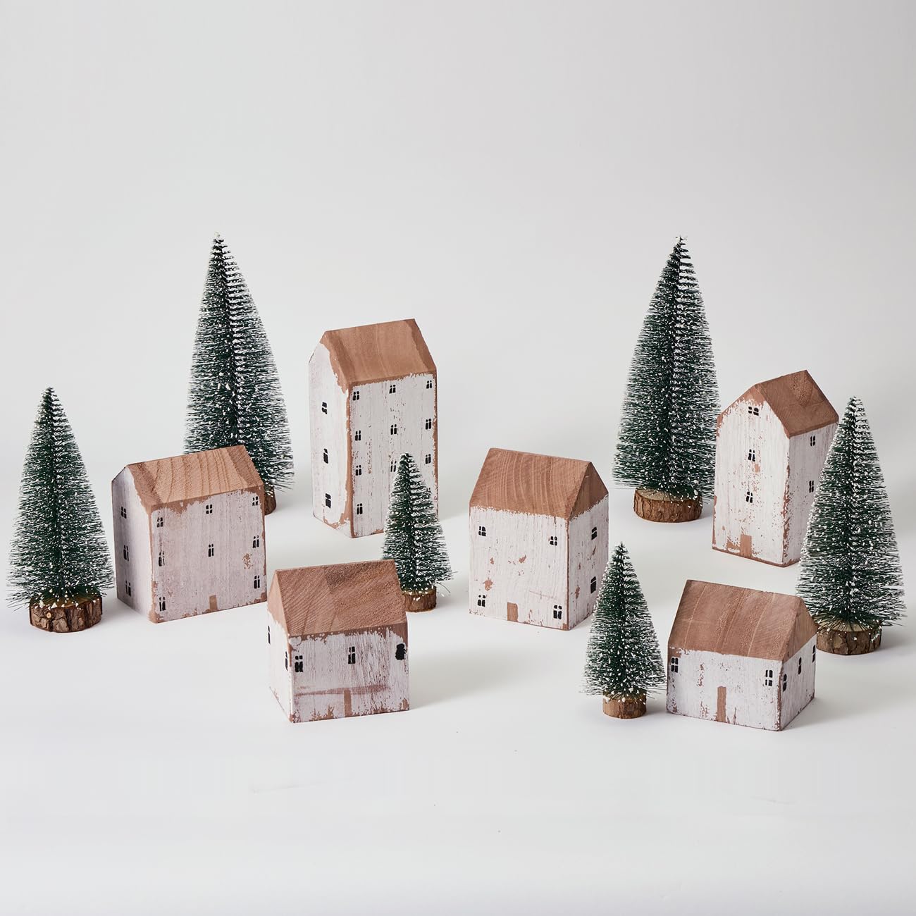 Mokof 12 Pcs Christmas Village Set - 6 Wooden Houses and 6 Snowy Trees, Farmhouse Christmas Decorations Indoor for Tabletop, Mantel, Shelves Holiday Decor (2.8" to 5.5" Tall)