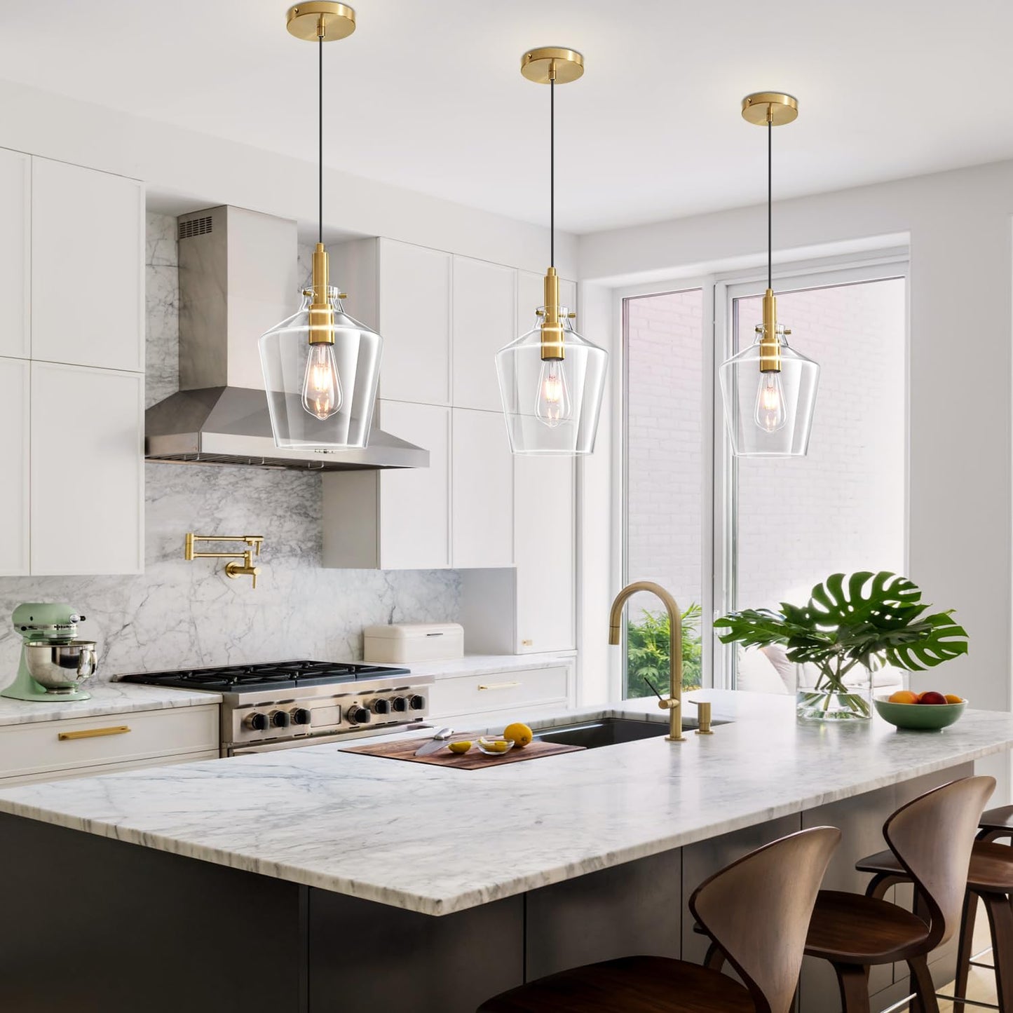 Vaziden Modern Glass Pendant Lighting for Kitchen Island, Farmhouse Gold Pendant Light Fixtures 1 Pack, Adjustable Hanging Ceiling Light Angled Clear Glass Shades 8 Inch