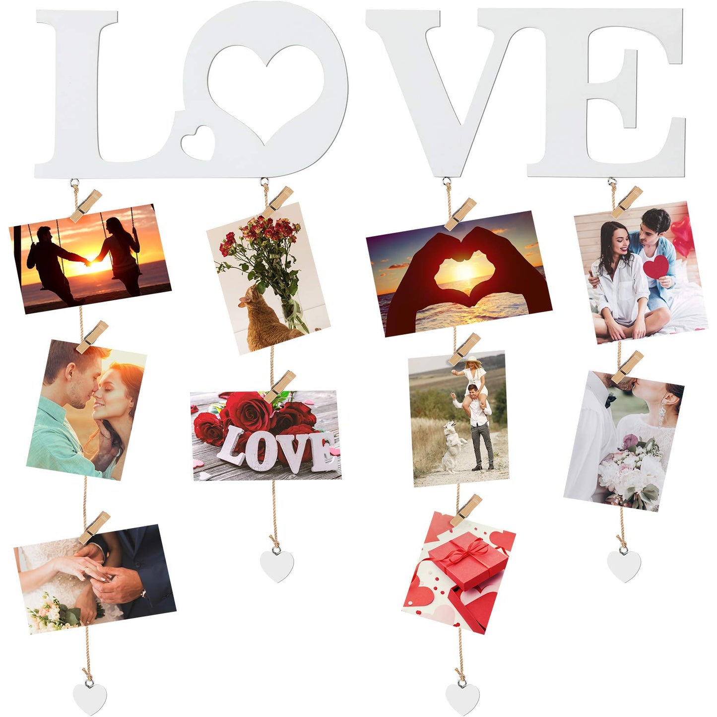 Chuangdi Valentine Picture Frames Love Hanging Photo Display Wall Decor with Clips String Picture Hanger Heart Design Decorative Organizer Display for Home Bedroom Living Room Decoration (White)