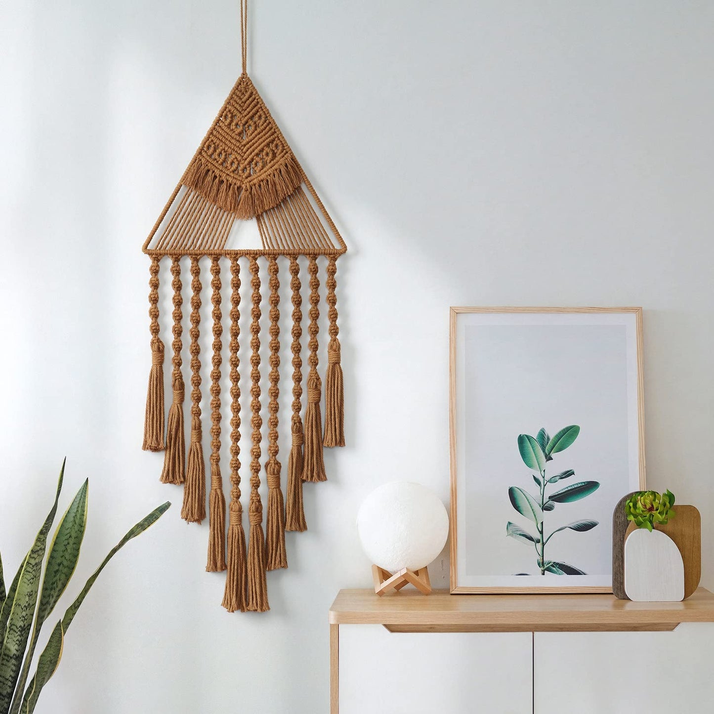 LOMOHOO Macrame Woven Wall Hanging Dream Catcher Triangle Tassel Geometric Art Boho Backdrop Bohemian Home Decor Wall Art Beautiful Apartment Dorm Room Door Decoration(Brown)
