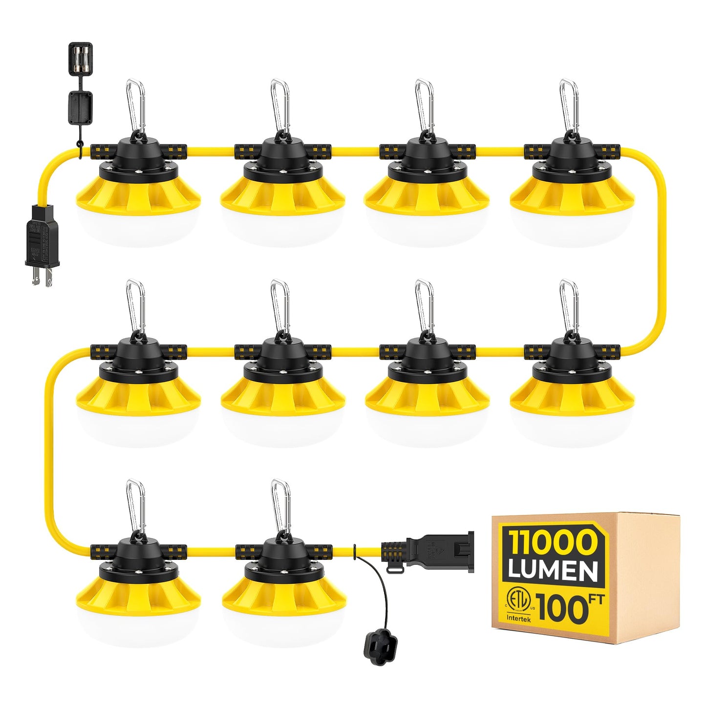 HYANGLUX 100FT Construction String Lights, 10-Light LED Work Light, 100W 11000LM, ETL Certified, 18/2 SJTW Cord, Linkable up to 8 Sets, IP65 Waterproof, for Jobsite, Attic, Garage