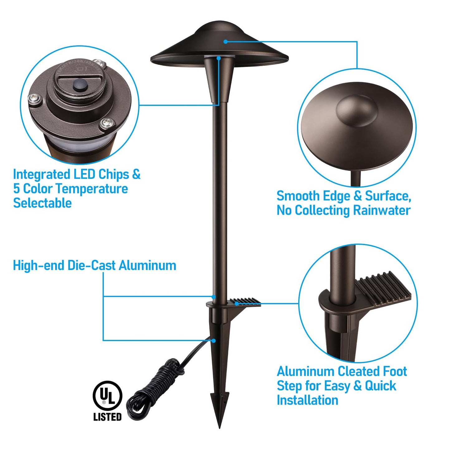 LEONLITE Update 5CCT Low Voltage Pathway Lights, LED Landscape Path Lights, 1800/2700/3000/4000/5000K, Saucer Head, 12-24V AC/DC, IP65 Outdoor Walkway Light, Oil Rubbed Bronze Aluminum, Pack of 6