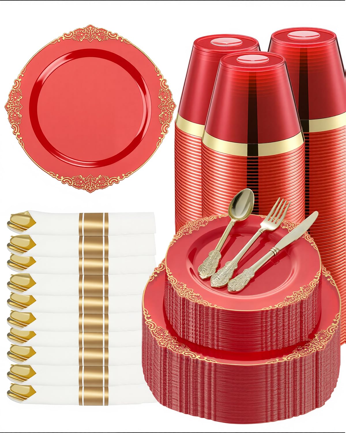 Goodluck 350 Piece Red Dinnerware Set for 50 Guests, Fancy Disposable Plates, Include: 100 Gold Rim Plastic Plates, 150 Silverwares, 50 Pre Rolled Napkins, 50 Cups for Party, Wedding