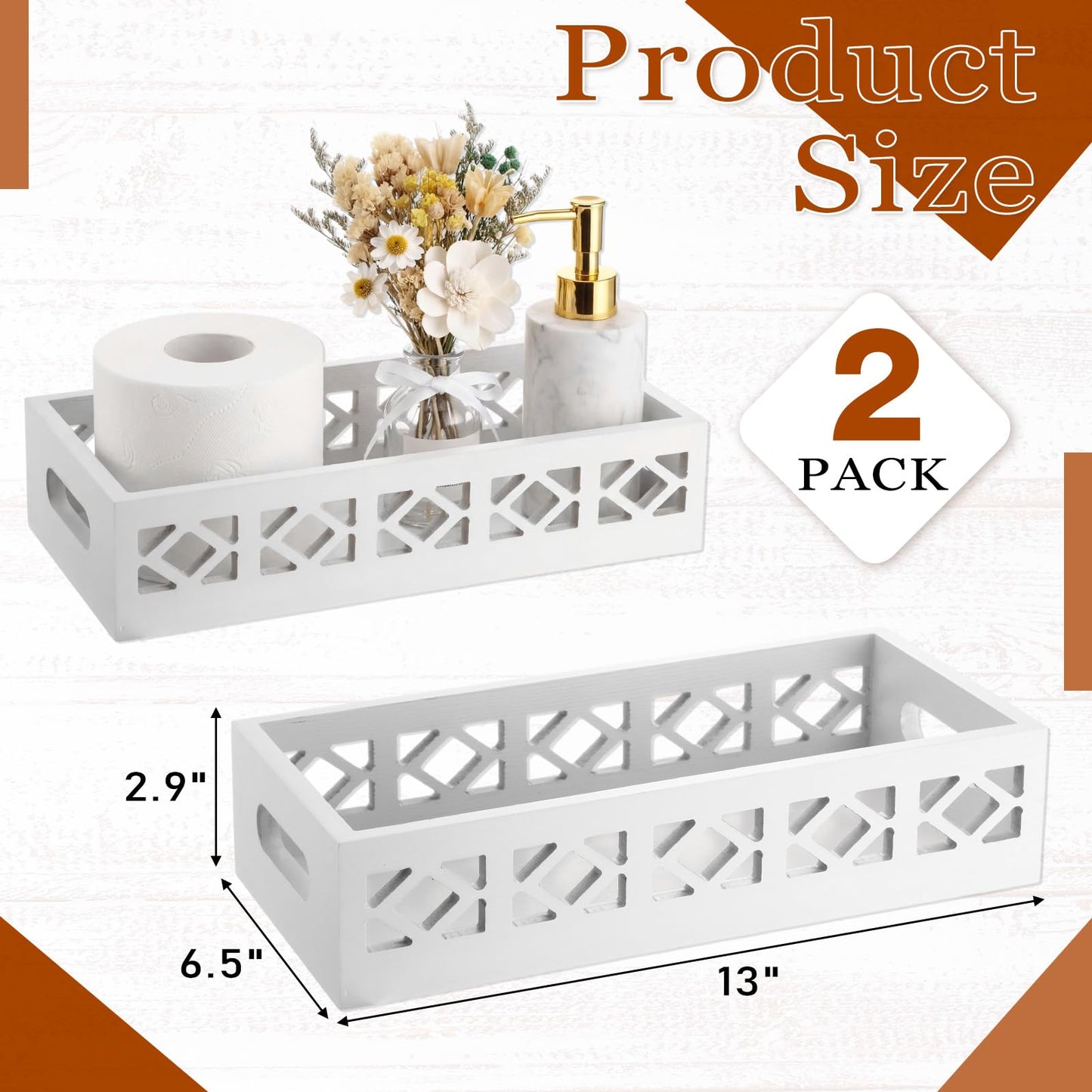 Qunclay 2 Pack White Toilet Tank Baskets Wooden Toilet Tank Top Paper Baskets with Handle Rustic Hollow Bathroom Paper Organizer Holders Farmhouse Decorative Bathroom Storage Box