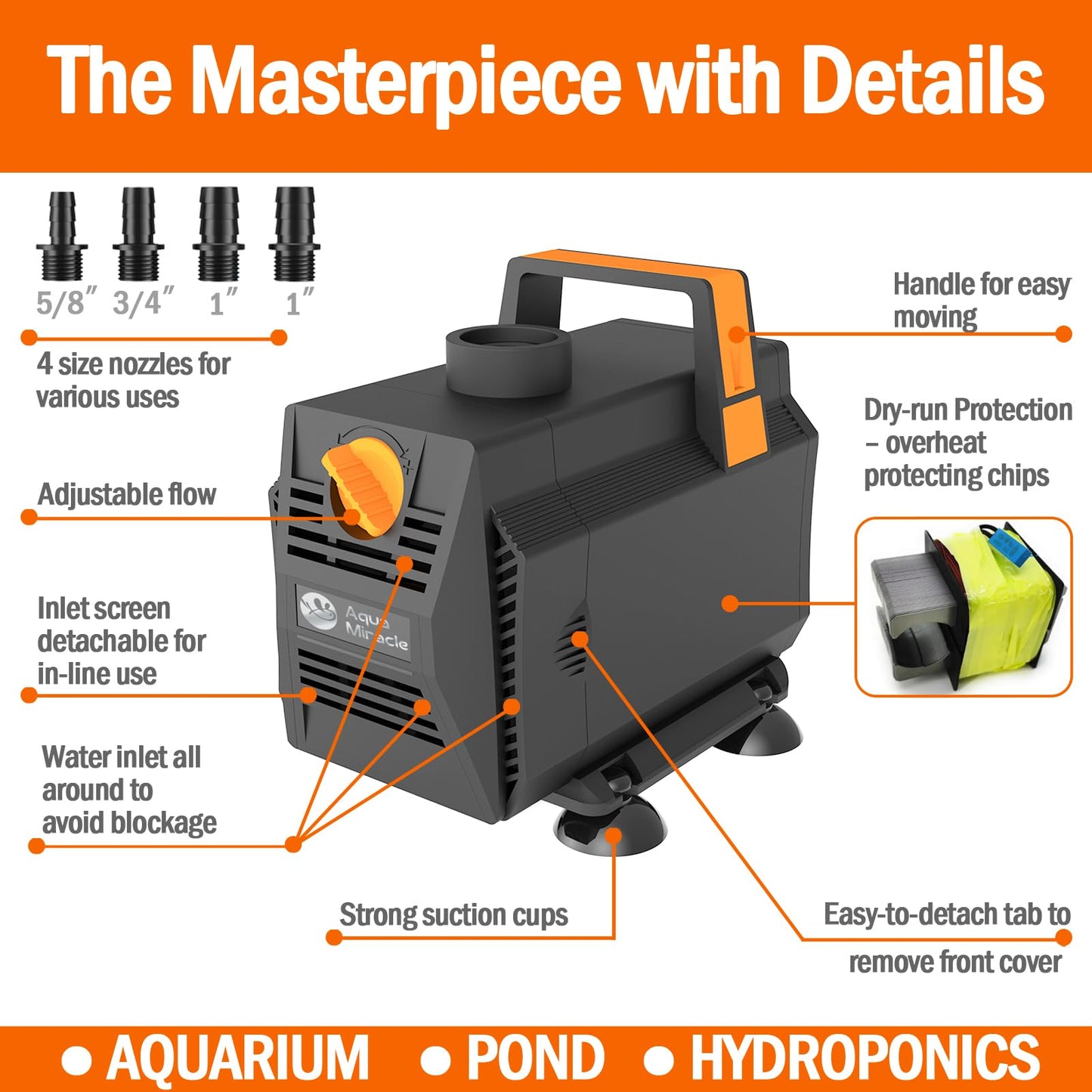 AquaMiracle 600GPH Aquarium Water Pumps (2270L/H, 35W) Fountain Pump Pond Pump Submersible Water Pump with Flow Control for Fountain, Waterfall, Statuary, Filtration, Water feature, Hydroponics